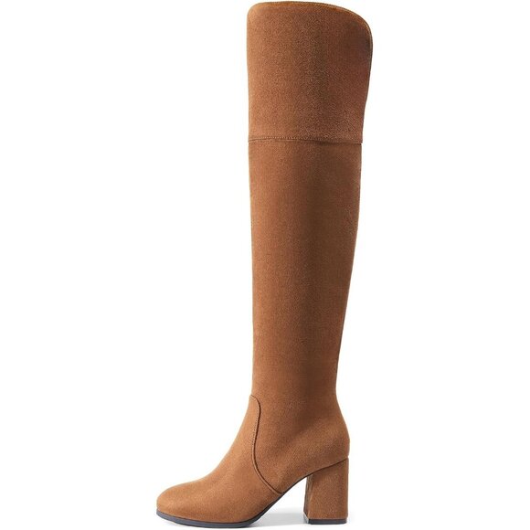 Women's Brown-suede Faux Suede Thigh High Block Heel Over The Knee Long Boot - Picture 3 of 5